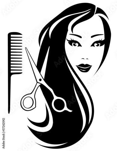 girl with black long hair and scissors and comb