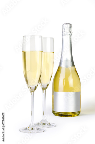 Champagne bottle and pair of flutes with clipping path