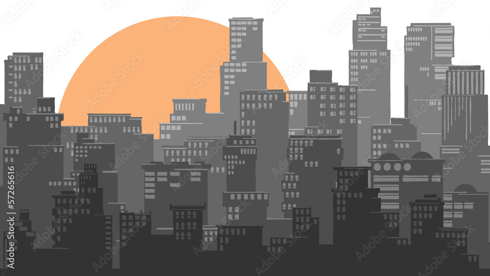 Abstract illustration of big city and sun.