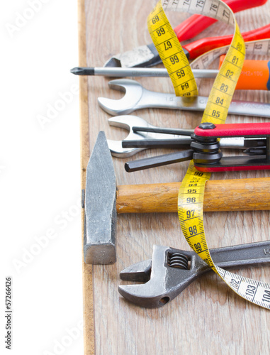 tools kit on parquet plank