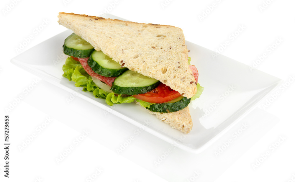 Tasty sandwich with salami sausage and vegetables Tasty sandwich with salami sausage and vegetables