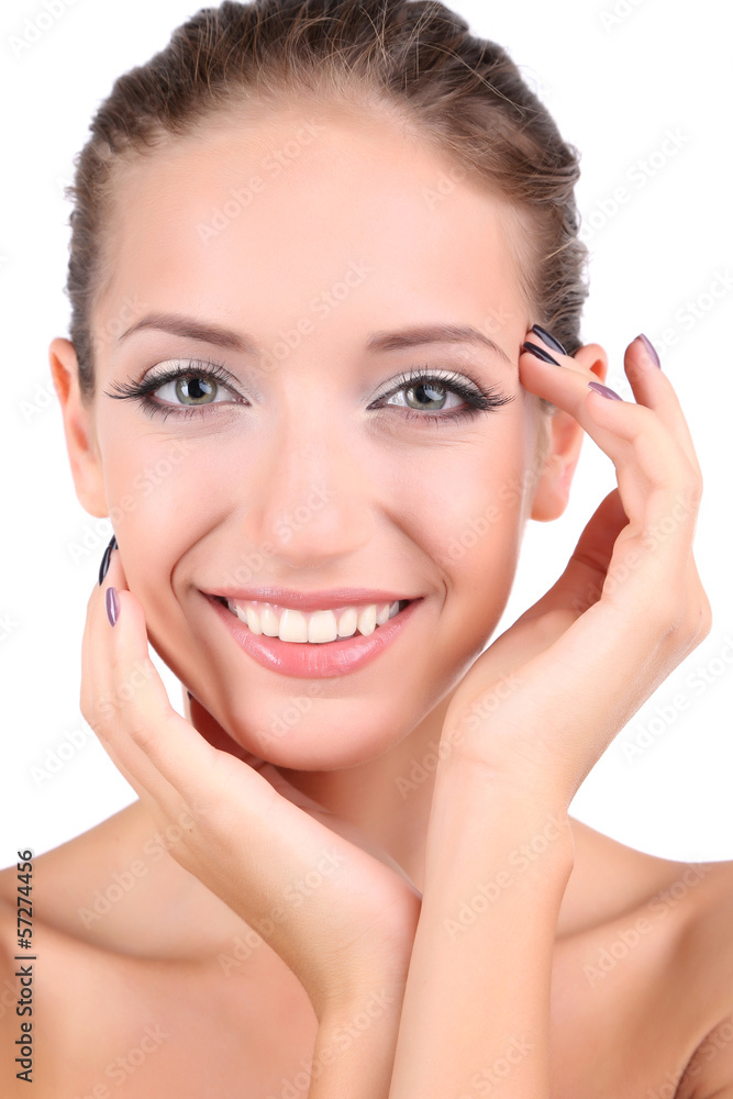 Beautiful girl with glowing skin close-up isolated on white Beautiful girl with glowing skin close-up isolated on white