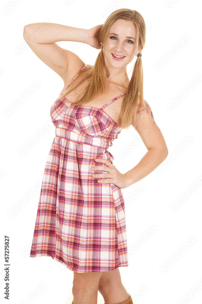 woman plaid dress pigtails hand hair woman plaid dress pigtails hand hair