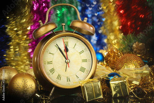 Composition of clock and christmas decorations