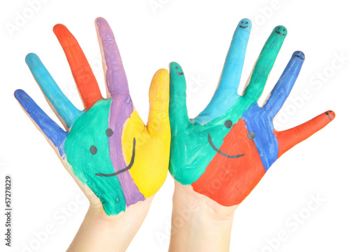Painted hands with smile isolated on white