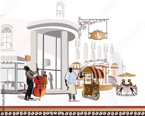 Series of street cafes with a musician and a cook