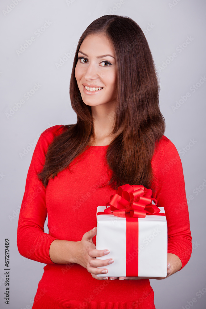 Portrait beauty young girl with christmas gift Portrait beauty young girl with christmas gift