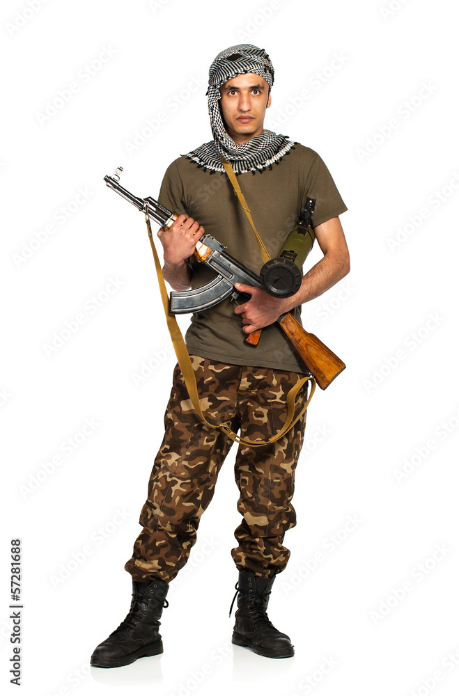 Arab nationality in camouflage suit and keffiyeh with automatic Arab nationality in camouflage suit and keffiyeh with automatic