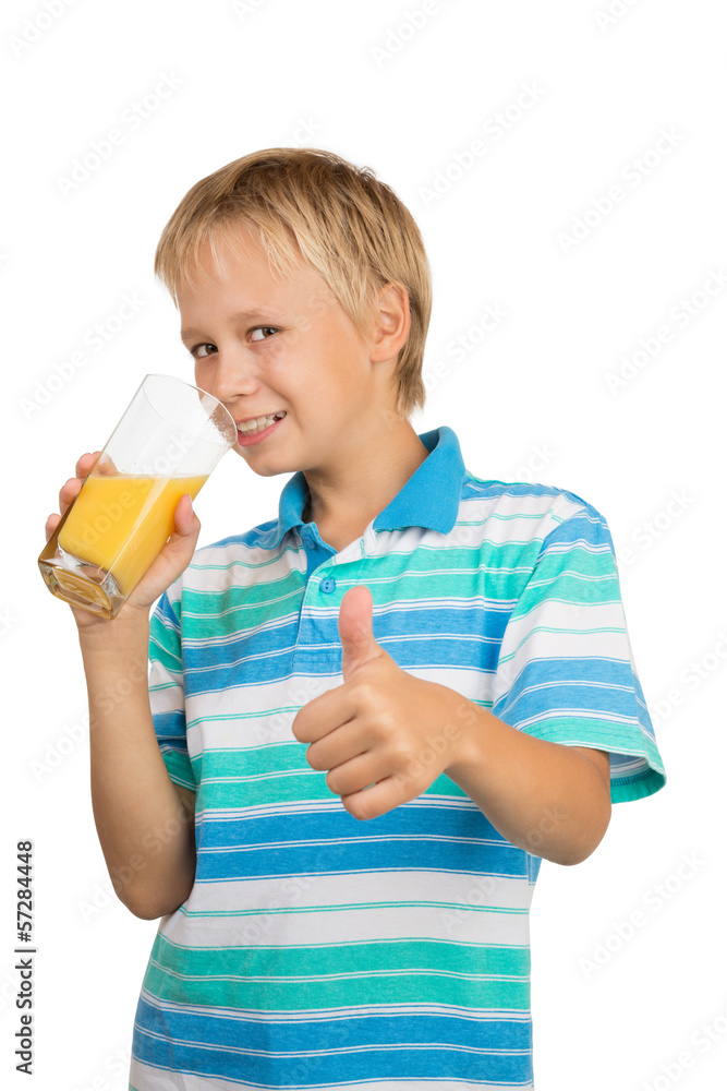 Boy Holdng Glass With Orange Juice Showing Thumb Up Boy Holdng Glass With Orange Juice Showing Thumb Up