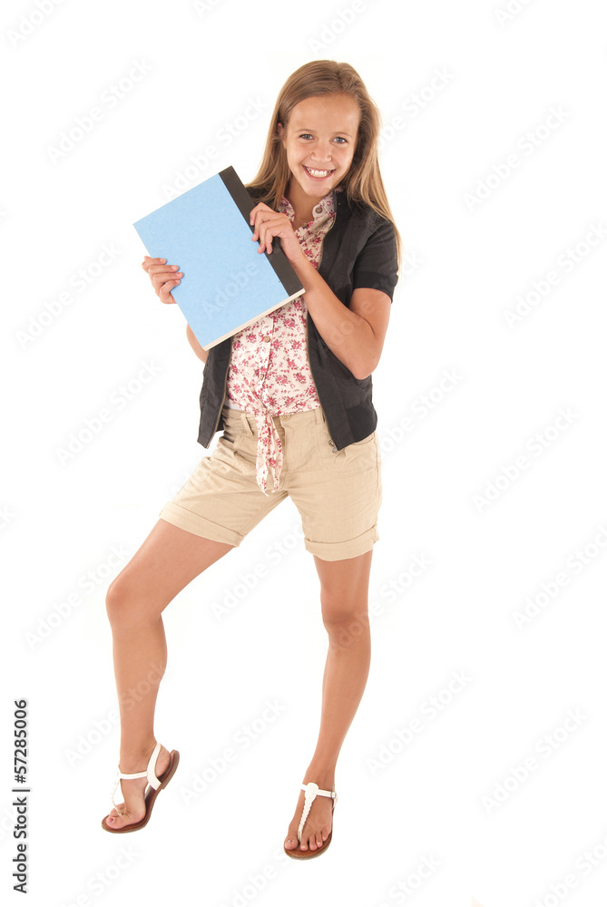 Young high school student with big smile posing holding a blue b Young high school student with big smile posing holding a blue b