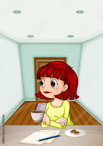 A woman inside the room drinking her coffee while making a repor