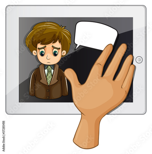 A hand touching the gadget with a sad man