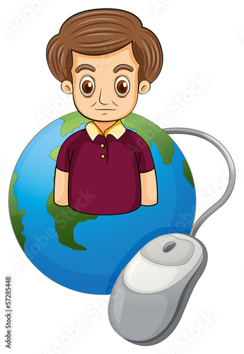 A globe with a serious man