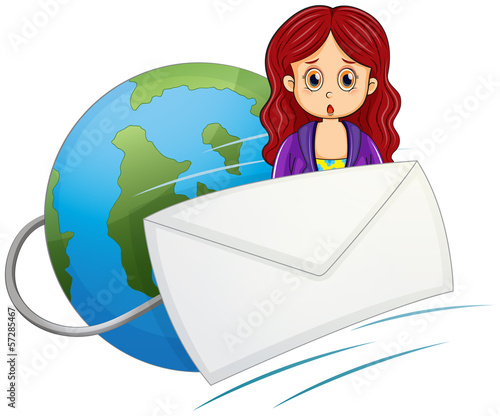 A shocked woman in the middle of the envelope and the globe