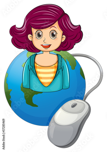 A smiling woman above the earth with a computer mouse