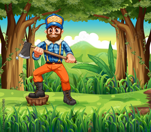A woodman stepping at a stump in the forest