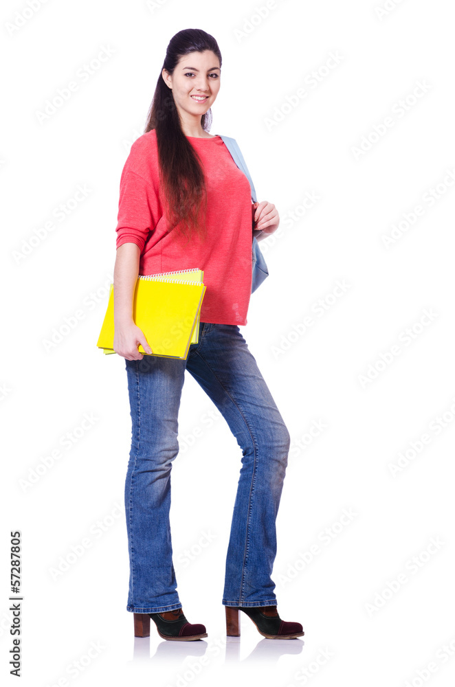 Young student with books on white Young student with books on white