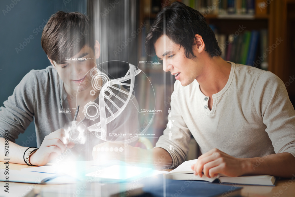 Smiling college students analysing dna on digital interface Smiling college students analysing dna on digital interface