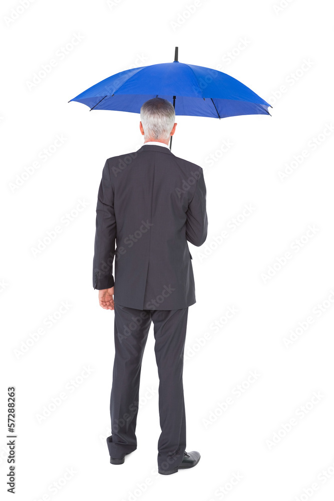Rear view of mature businessman holding blue umbrella Rear view of mature businessman holding blue umbrella