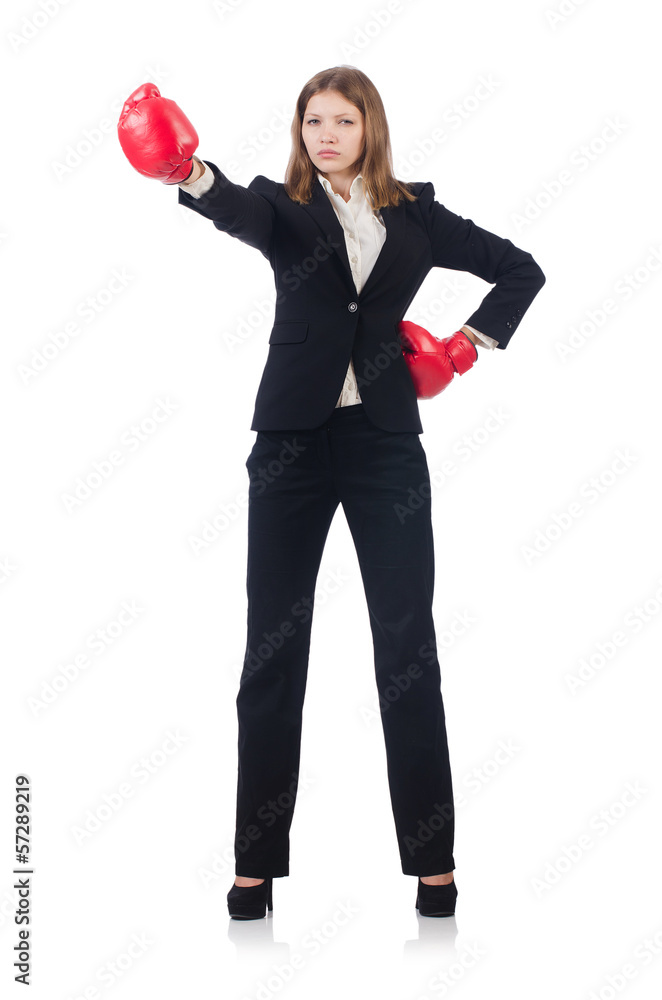 Woman businesswoman with boxing gloves on white Woman businesswoman with boxing gloves on white
