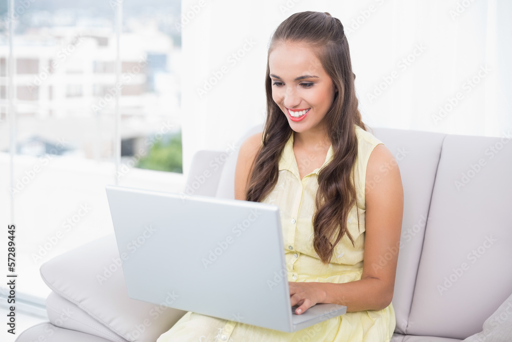 Happy pretty brunette using laptop Happy pretty brunette using laptop