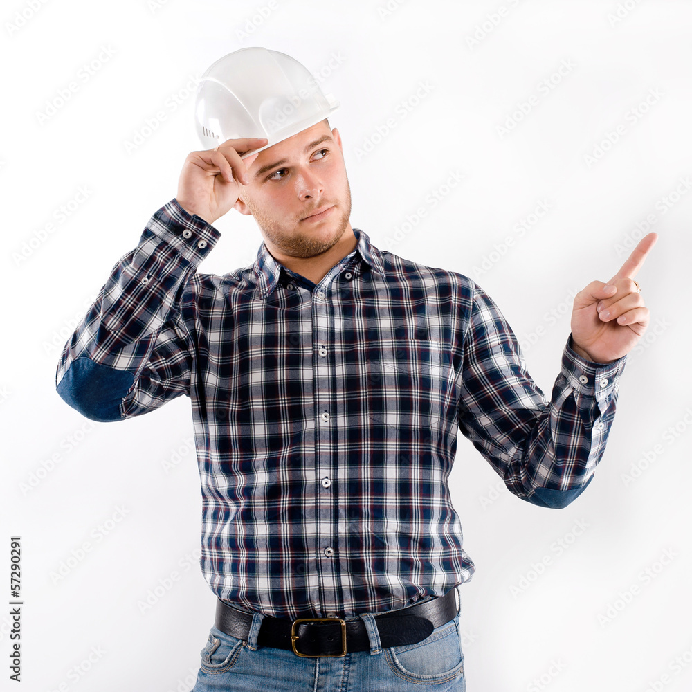construction worker point finger at space construction worker point finger at space