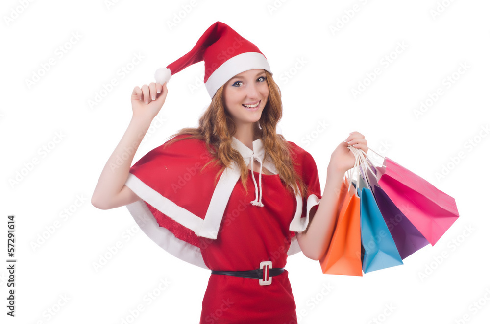 Young woman in red santa costume on white Young woman in red santa costume on white