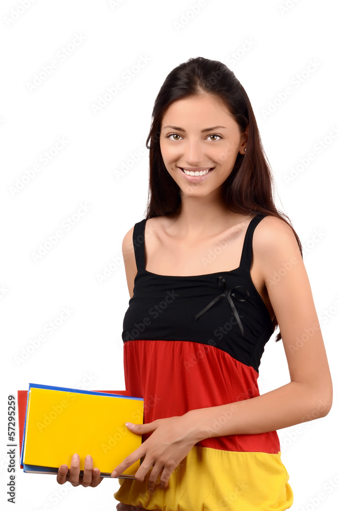 Learn German.Student with Germany flag blouse holding books. Learn German.Student with Germany flag blouse holding books.