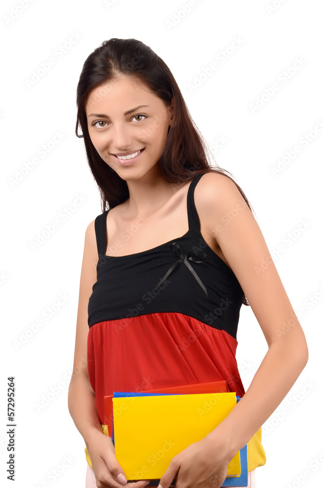 Learn German.Student with Germany flag blouse holding books.
