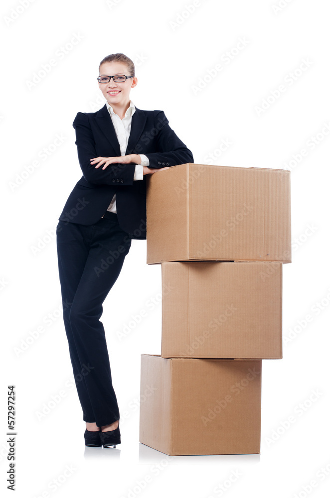 Woman businesswoman with boxes on white Woman businesswoman with boxes on white