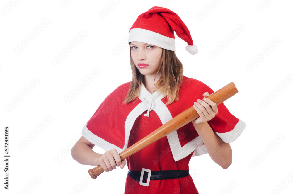 Young woman in red santa costume on white Young woman in red santa costume on white