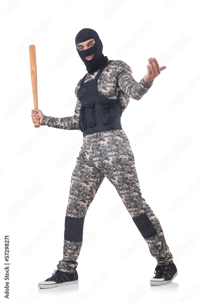Soldier with baseball bat isolated on white Soldier with baseball bat isolated on white