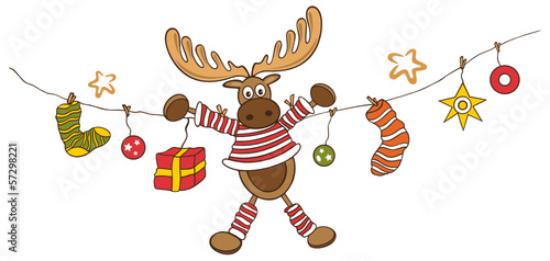Weihnachtliche Girlande mit Elch, Rentier und bunten Geschenken.
