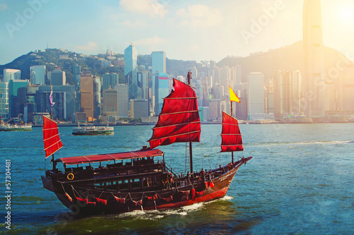 Chinese sailing ship in Hong Kong Victoria Habour photo