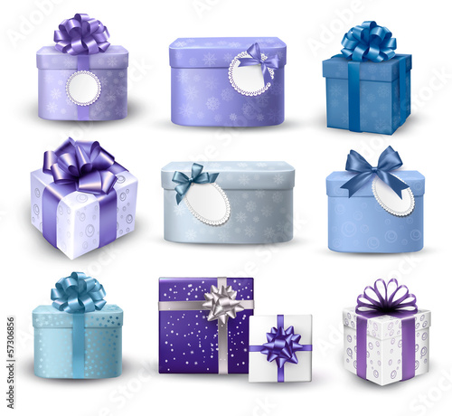 Set of colorful gift boxes with bows and ribbons. Vector illustr