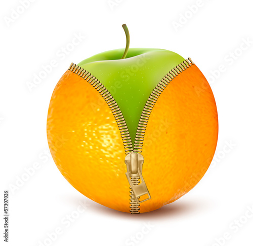 Unzipped orange with green apple. Fruit and diet against celluli