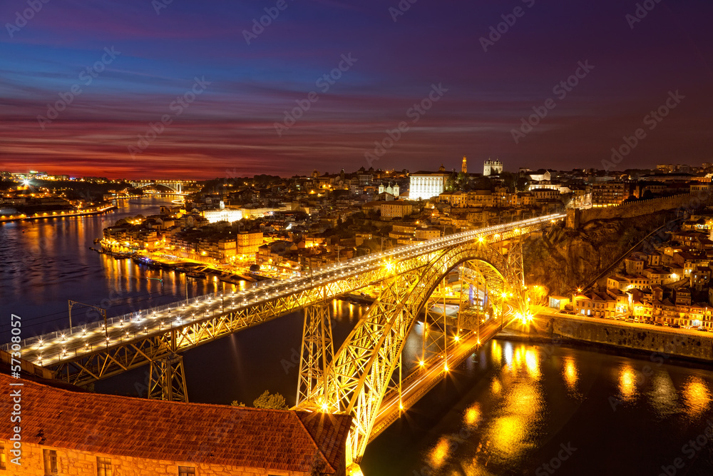 Panorama of  bridge Ponte dom Luis above Old town Porto 