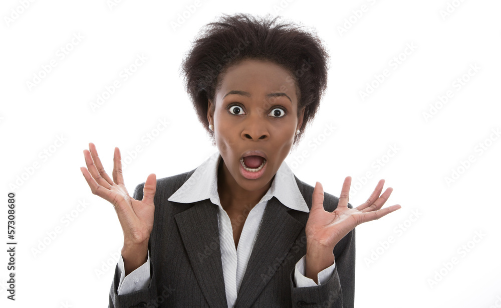 Schockierte Frau - Angstschrei - Panik - Afrikanerin Schockierte Frau - Angstschrei - Panik - Afrikanerin