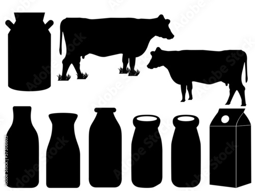 Cow silhouette and milk bottles