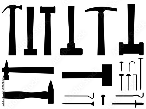 Hammers and nails set illustrated on white
