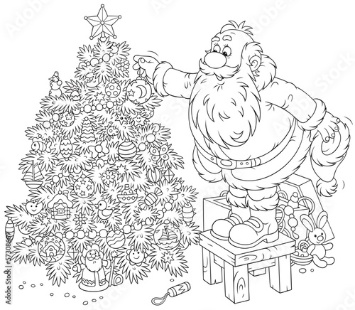 Santa decorates a Christmas tree