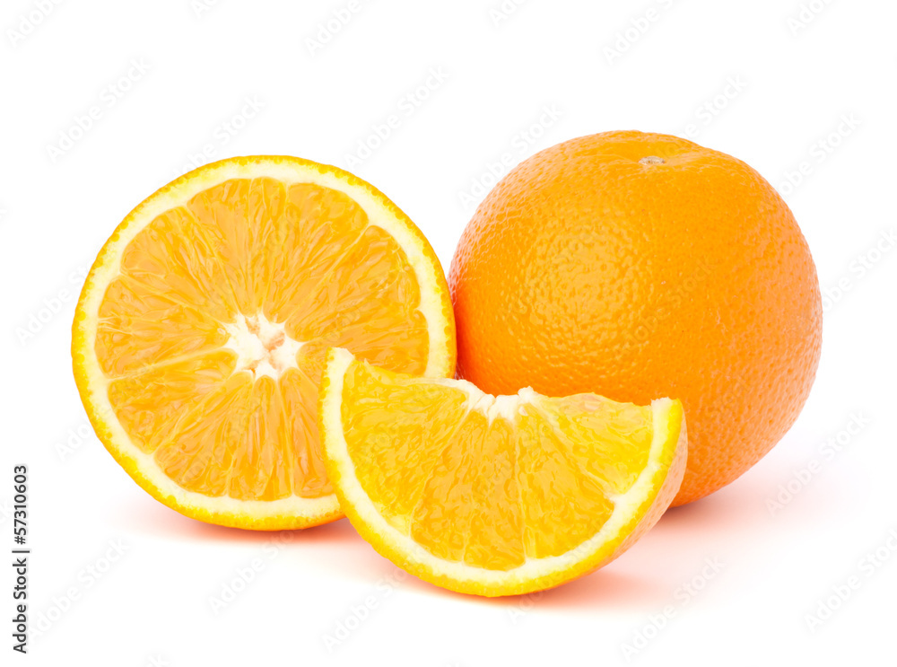 Sliced orange fruit segments isolated on white background Sliced orange fruit segments isolated on white background