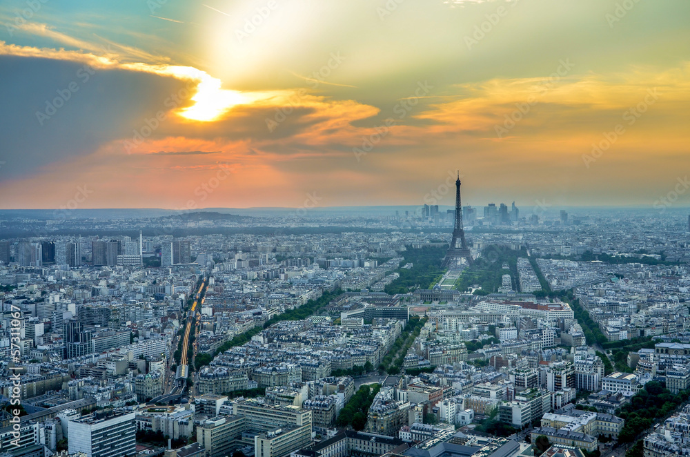 Panoramic View of Paris City with Eiffel Tower at Sunset