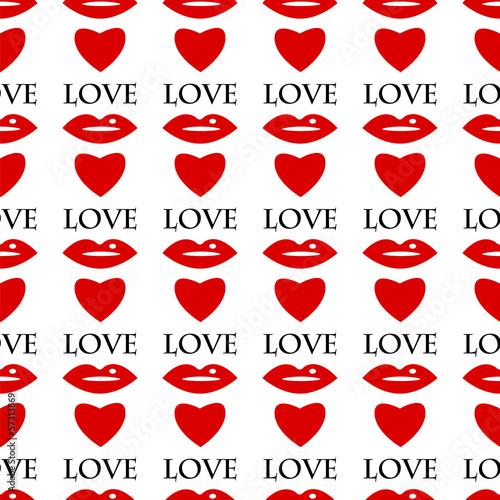seamless pattern of red lips and hearts on a white background.ba