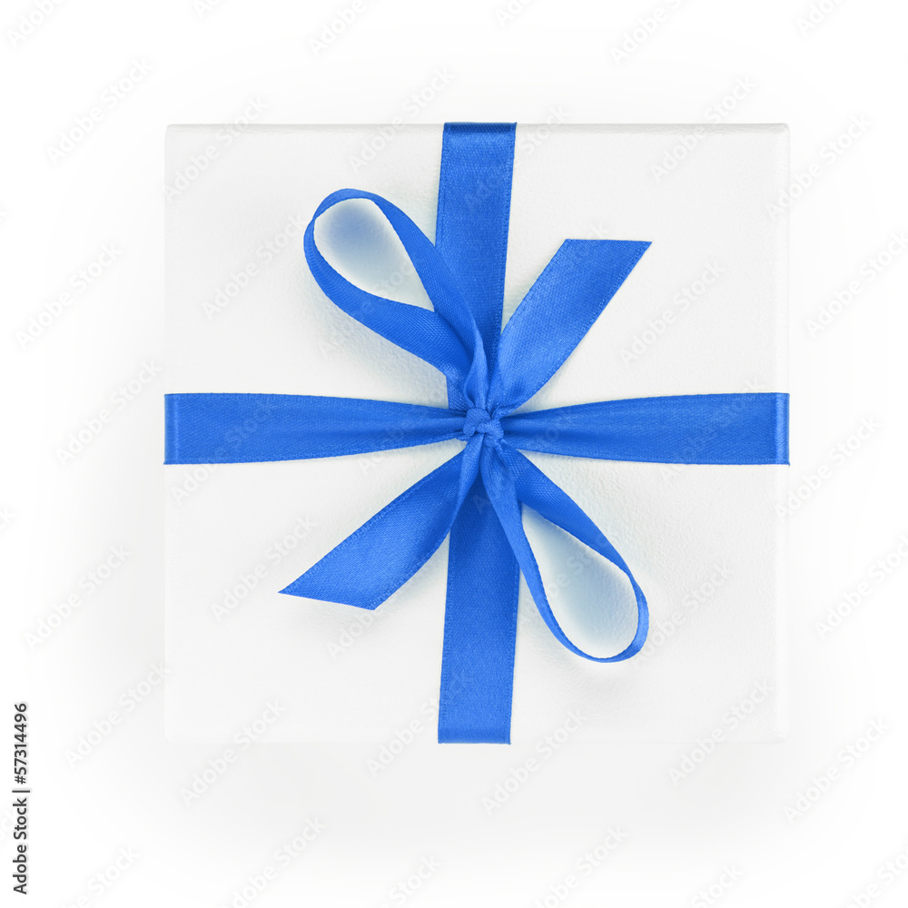 white textured gift box with blue ribbon percent symbol white textured gift box with blue ribbon percent symbol