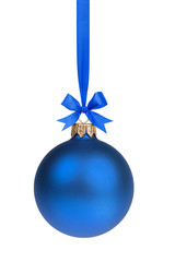 single simple blue christmas ball hanging on ribbon