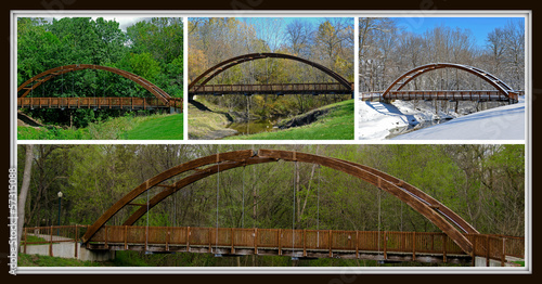 collage of arch wooden bridge