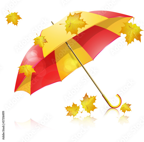 Yellow and red umbrella with falling leaves
