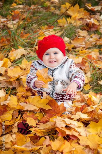 Little cute baby girl on a background of autumn leaves