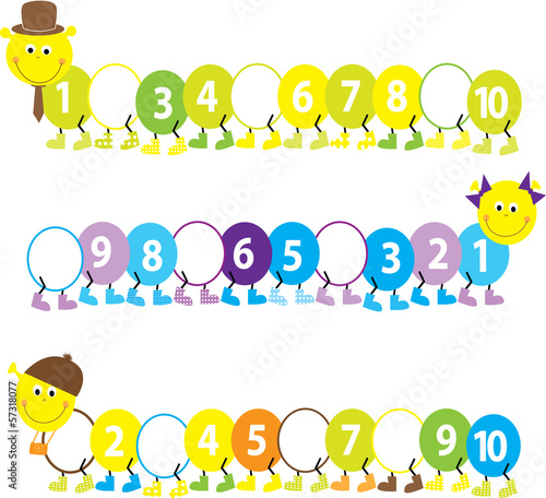 Smiling catepillars with missing numbers 1-10
